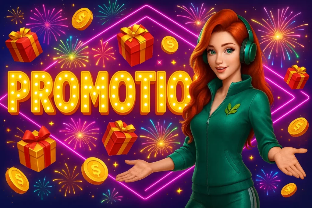 pph855 promotion: រូបផ្សព្វផ្សាយទ្រង់ទ្រាយ 16:9 ស្ទីលនេអុងពណ៌ចាស់ៗ បង្ហាញអក្សរធំ “PROMOTION” ពណ៌មាសបែបអំពូលភ្លើងនៅកណ្តាល មានស៊ុមនេអុងពណ៌ផ្កាឈូកនៅពីក្រោយ។ ខាងស្តាំមានតួស្រីសក់ក្រហម ពាក់កាសពណ៌បៃតង និងឈុតកីឡាពណ៌បៃតង កំពុងលាតដៃណែនាំ។ ព័ទ្ធជុំវិញមានផ្ទុះផ្កាភ្លើងច្រើនពណ៌ ធ្លាក់កាក់មាស និងប្រអប់អំណោយពណ៌ក្រហម-មាស បង្កើតអារម្មណ៍បុណ្យសប្បាយ និងការផ្តល់រង្វាន់។