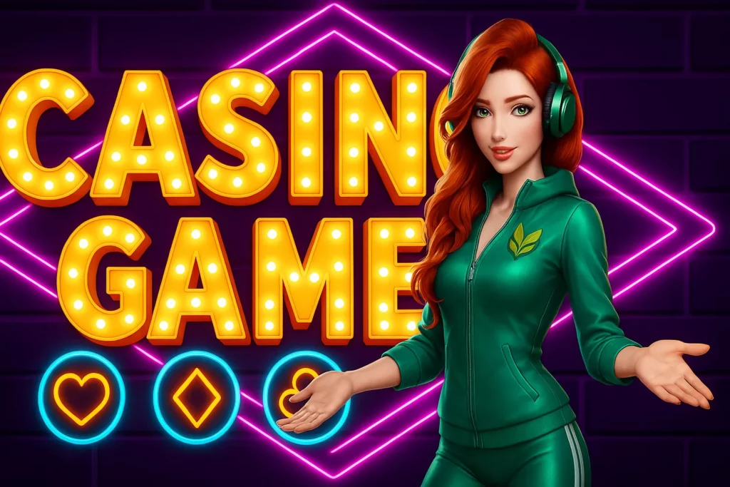 រូបផ្សព្វផ្សាយហ្គេមកាស៊ីណូទ្រង់ទ្រាយ 16:9 មានស្ទីលពន្លឺនេអុង។ ផ្ទៃខាងក្រោយជាឥដ្ឋពណ៌ស្វាយ មានស៊ុមរាងពងក្រពើនេអុងពណ៌ផ្កាឈូក-ស្វាយ និងអក្សរធំ “CASINO GAME” ពណ៌មាសបែបអំពូលភ្លើង។ ខាងស្តាំមានតួស្រីសក់ក្រហមពាក់កាសពណ៌បៃតង និងឈុតកីឡាពណ៌បៃតង កំពុងលាតដៃណែនាំ។ ខាងក្រោមមានរូបសញ្ញាបៀតបៀរពន្លឺនេអុង ដូចជា បេះដូង ពេជ្រ និងខ្លឹម។